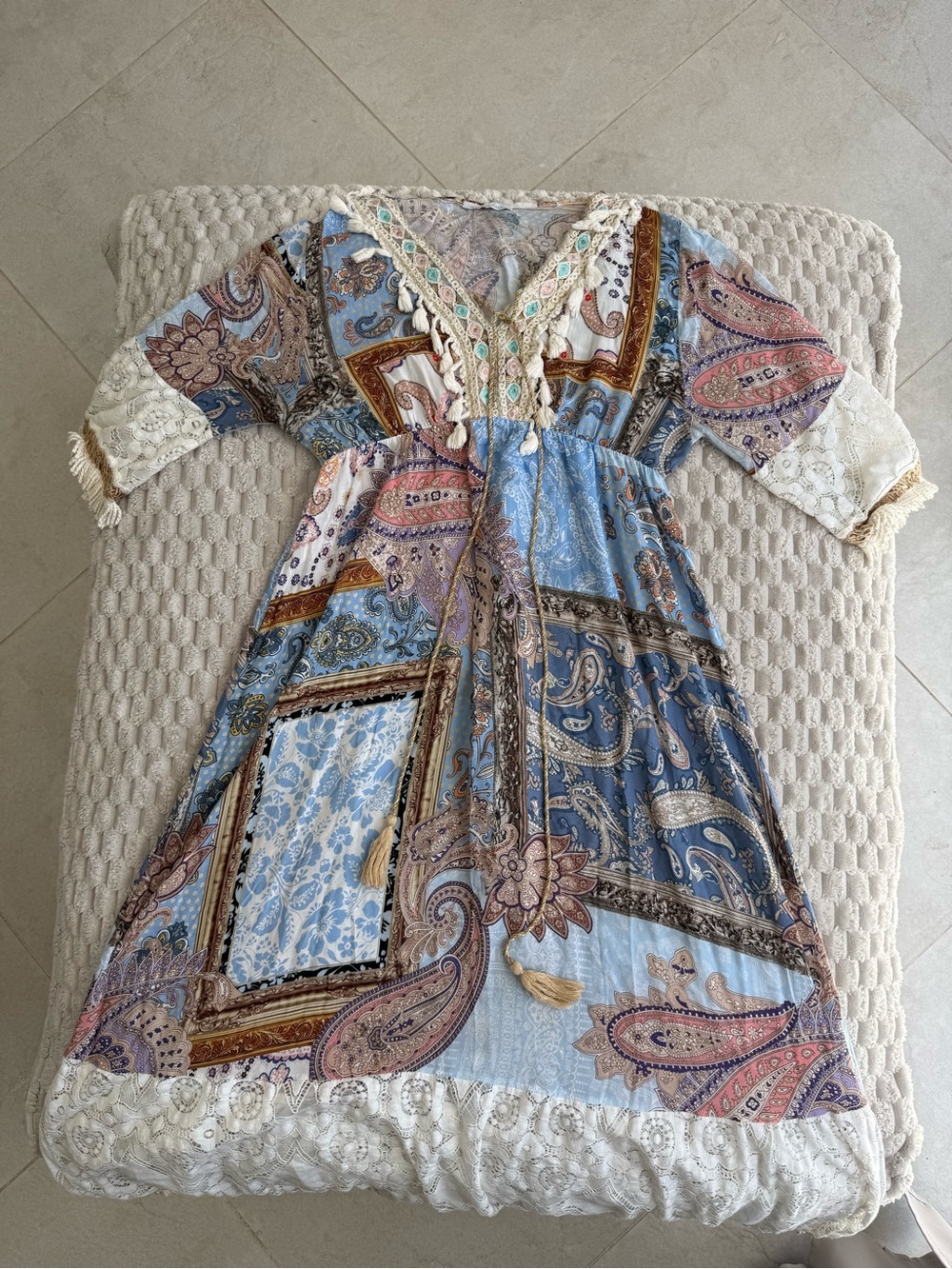 Made In Italy Paisley Patchwork Maxi Dress With Lace And Tassel Details - Boho
